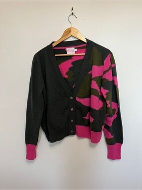 Brodie Cashmere Hot Pink Camo Cardigan 100% Cashmere Size L